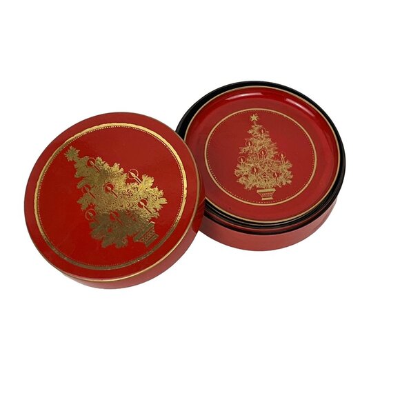 Red Lacquerware Holiday Christmas Tree Coaster Set Vintage Otagiri - Picture 2 of 8